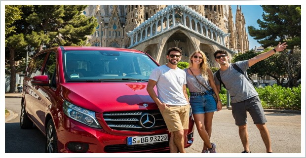 Three friends posing with a red Mercedes van in front of the Sagrada Família in Barcelona, Spain.