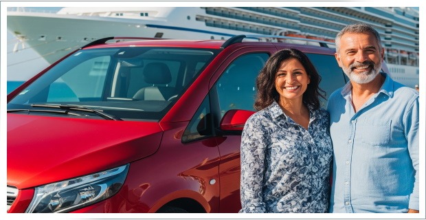 Smiling couple standing next to a red SUV with a large cruise ship in the background at the dock.